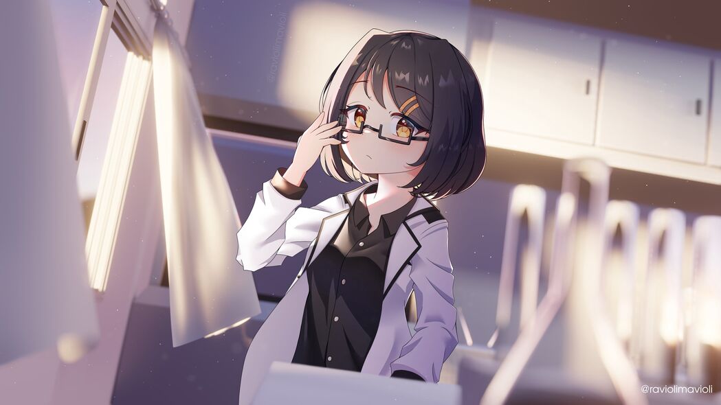 女孩科学家动漫4K壁纸，高清眼镜艺术背景，3840x2160免费下载