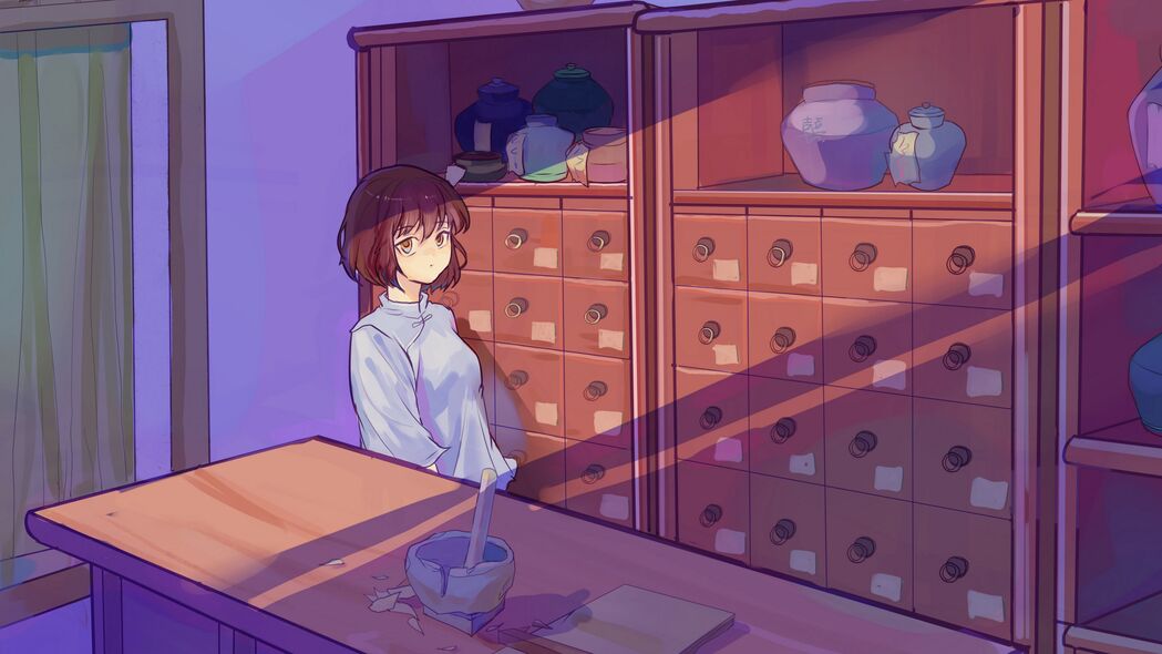 女孩一瞥惊艳瞬间，动漫风储物柜4K壁纸，高清3840x2160背景图片下载