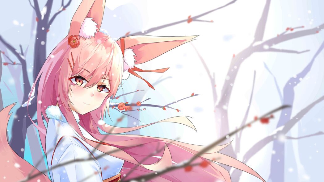 女孩耳朵樱花动漫，超清4K卡通艺术壁纸，3840x2160高清下载