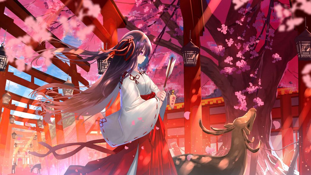 女孩和服樱花动漫艺术，超高清4K壁纸，3840x2160精美下载