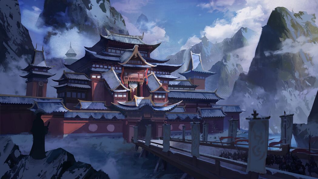 冬日宝塔寺庙雪景，艺术渲染4K超清壁纸，3840x2160高清下载
