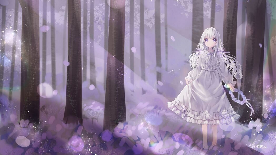 女孩花环连衣裙森林动漫艺术，绝美紫色4K壁纸，3840x2160高清背景图片下载