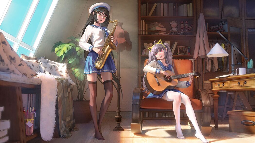 女孩微笑吉他演奏，动漫音乐家艺术风采，超清4K壁纸3840x2160免费下载
