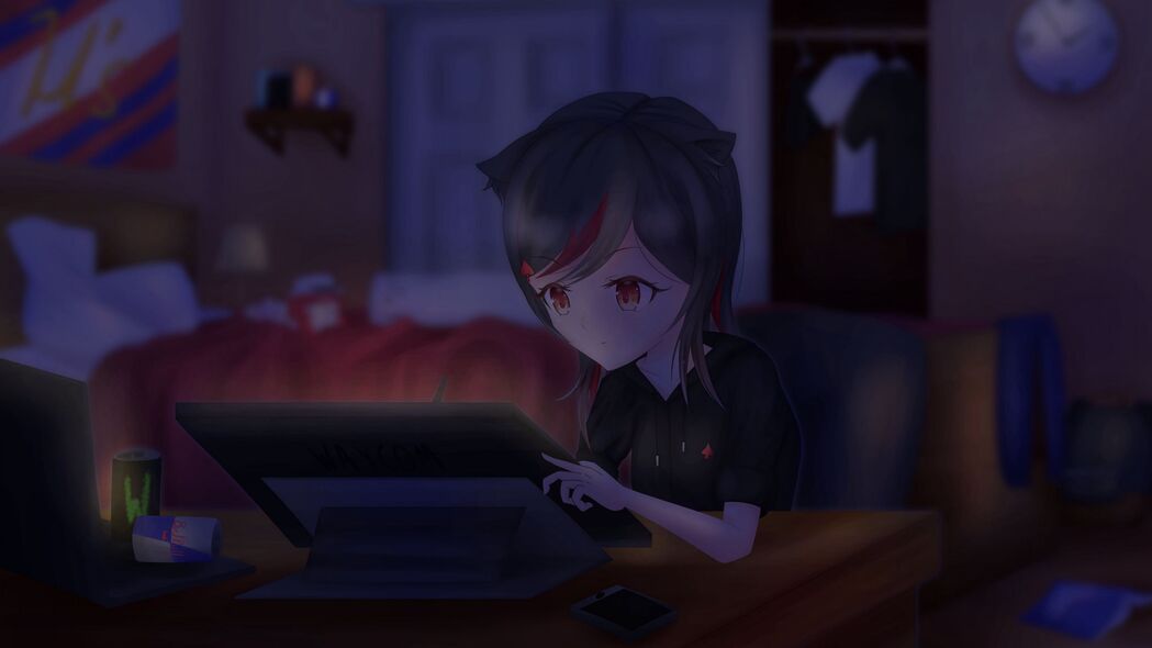 女孩Neko动漫之夜，平板电脑专属4K艺术家壁纸，超清3840x2160免费下载
