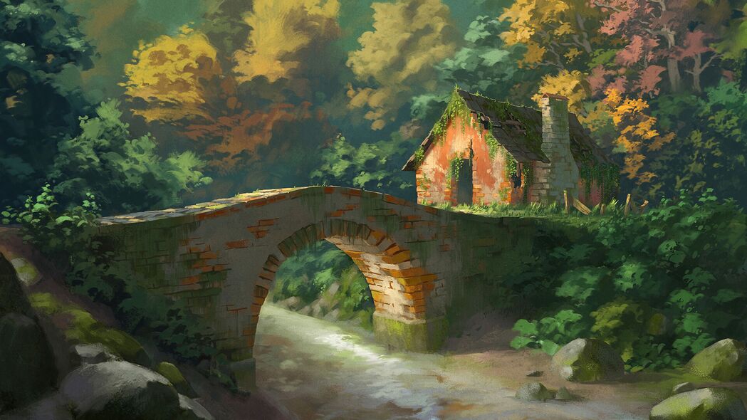 高清艺术壁纸下载，房子、桥、树、河美景，4K超高清3840x2160背景图片