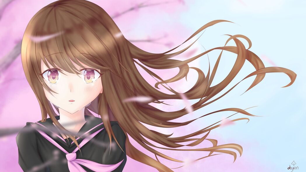 动漫女孩悲伤一瞥，泪滴花瓣，超清4K壁纸（3840x2160）高清下载