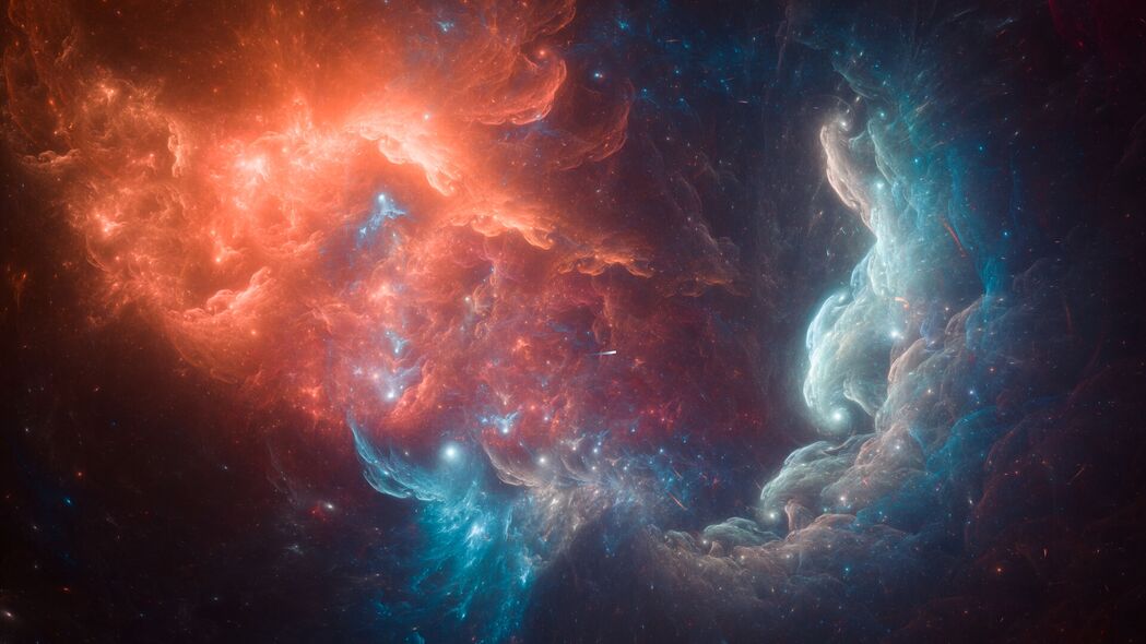 超高清4K壁纸，红色蓝色星云辉光，恒星闪耀太空之美
