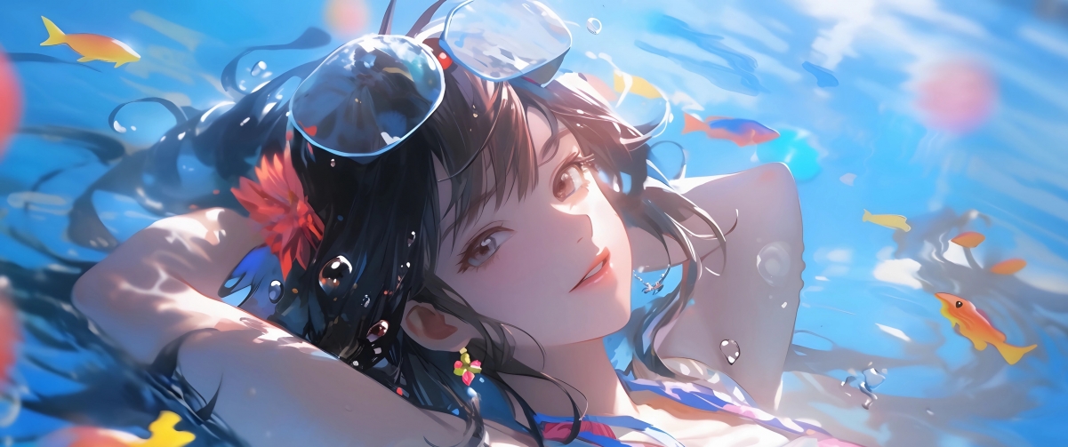 动漫美女泳装壁纸，带鱼屏4K高清下载，3440x1440分辨率