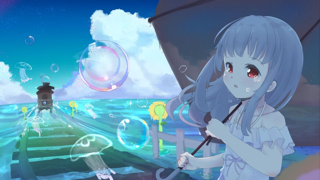 悲伤女孩动漫卡通，雨伞下的眼泪，超清4K壁纸3840x2160免费下载