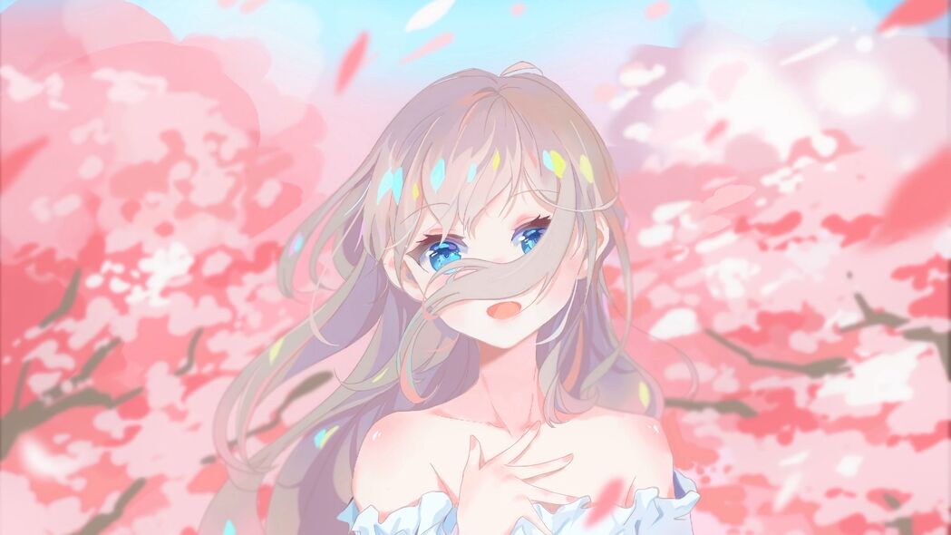 动漫女孩赏樱，唯美樱花花瓣4K壁纸（3840x2160高清下载）