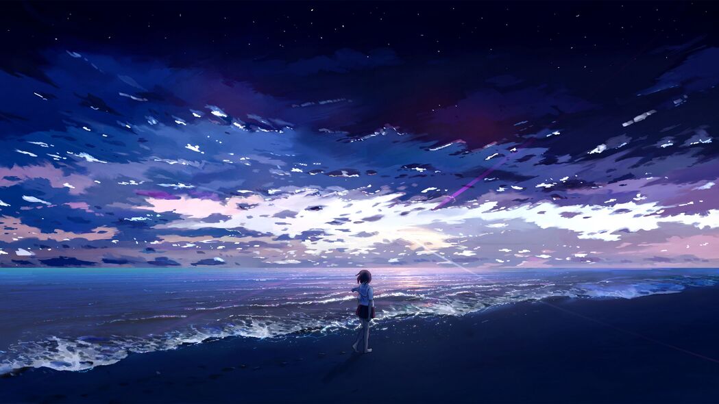 女孩动漫海滩艺术，绝美4K高清壁纸，3840x2160分辨率免费下载