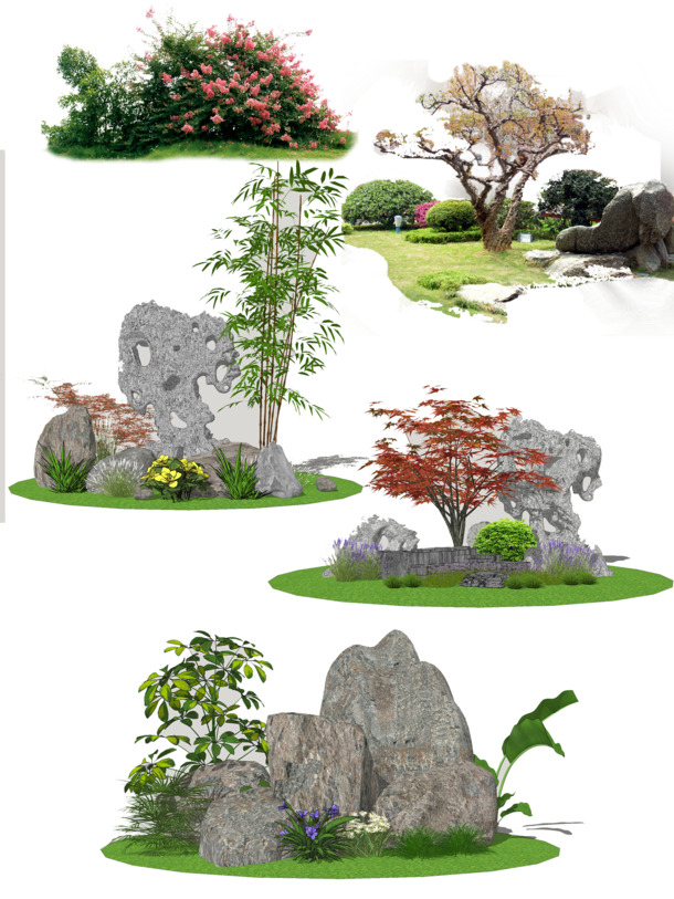 园林假山高清PNG，公园风景动植物元素，透明图片素材下载