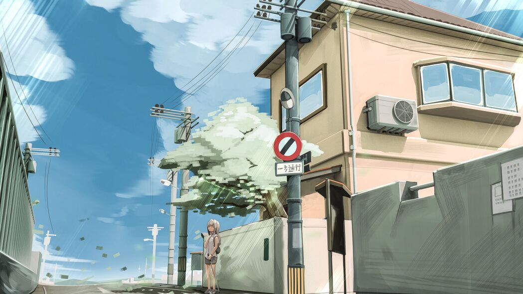 女孩漫步街道，树影婆娑，唯美动漫艺术4K壁纸，3840x2160高清下载
