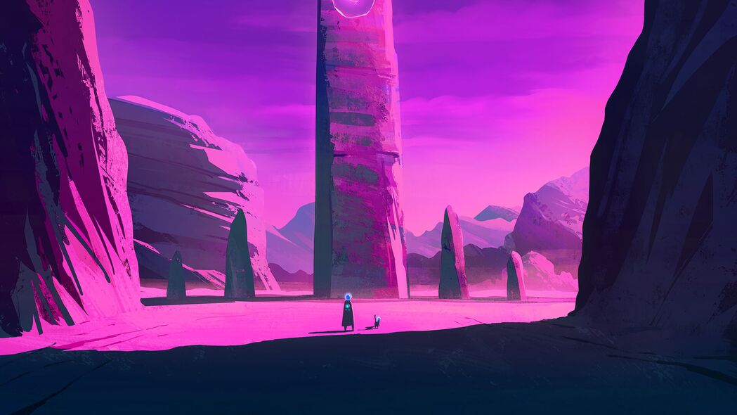 剪影宇航服与岩石幻想，艺术级4K超清壁纸，3840x2160高清下载