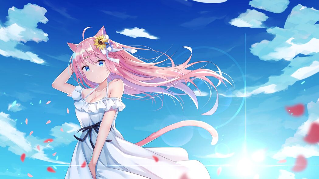 动漫女孩Neko，花瓣耳饰连衣裙艺术造型，4K超高清壁纸（3840x2160）免费下载