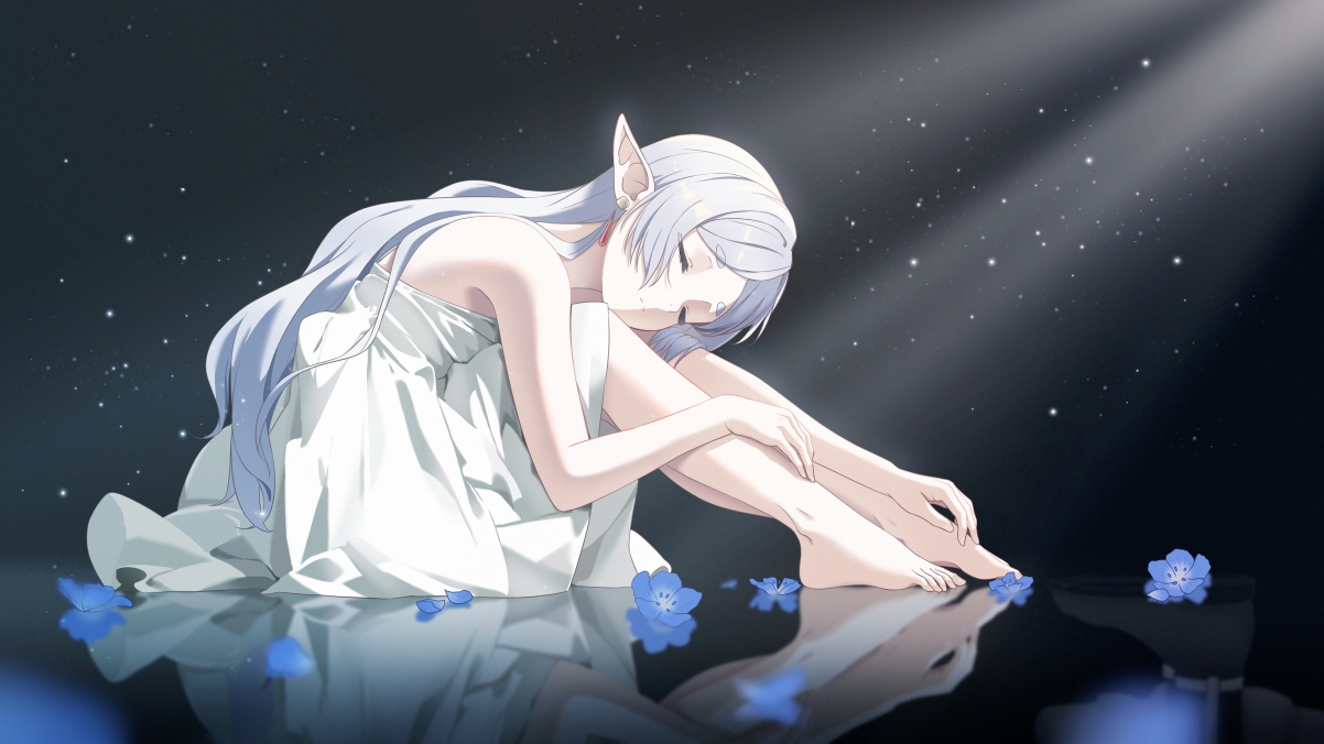 精灵女孩闭眸静坐，尖耳白发如梦似幻，花朵星星点缀，4K高清动漫壁纸下载