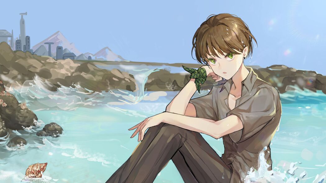 男孩精灵邂逅大海，海浪轻拂的动漫艺术，4K高清卡通壁纸下载（3840x2160）