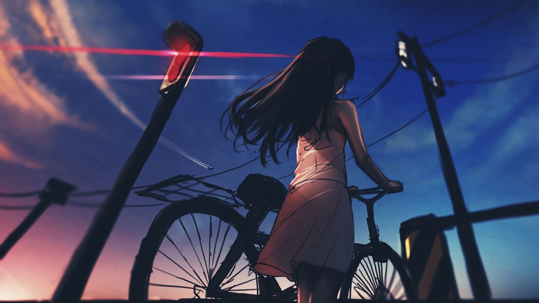 女孩骑行黄昏，4K动漫艺术壁纸，3840x2160超高清下载