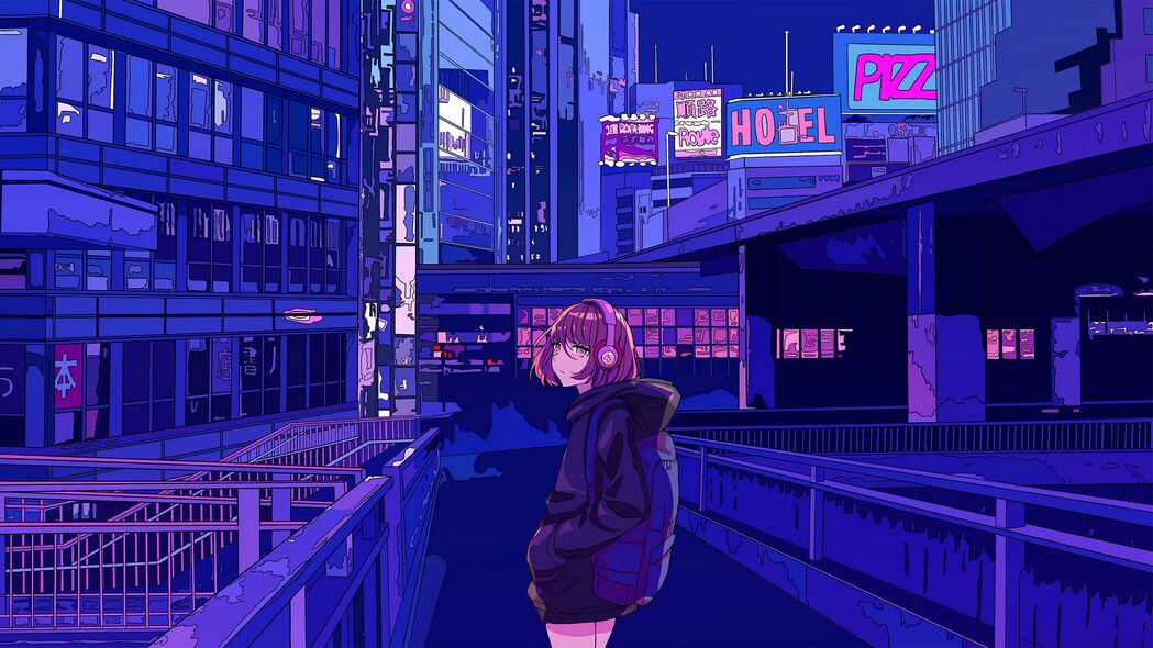 女孩耳机城市动漫，精选4K艺术卡通壁纸，3840x2160高清下载