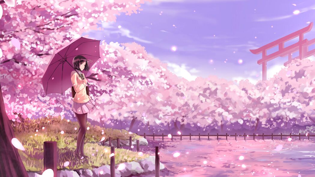 女孩与樱花，唯美动漫卡通4K壁纸，3840x2160高清下载
