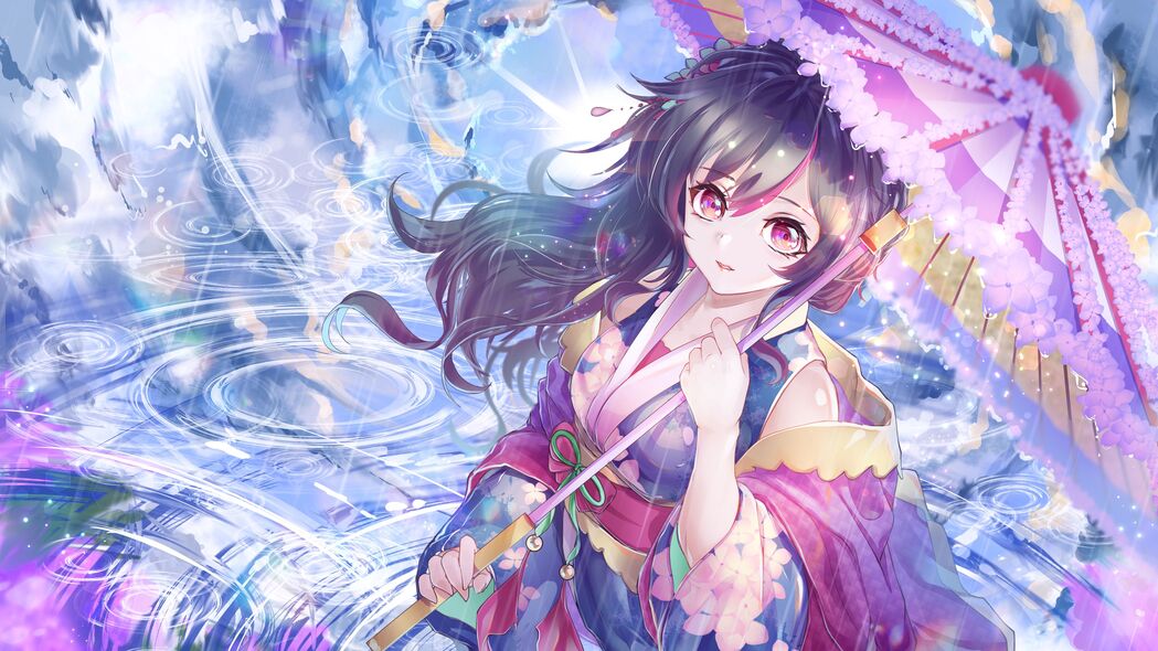 4K高清动漫壁纸，女孩和服撑伞雨中漫步，唯美背景图片免费下载