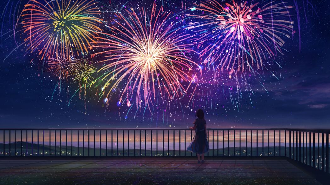 女孩独赏绚烂烟花，精选4K动漫艺术壁纸，高清3840x2160免费下载