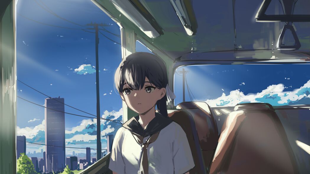 高清4K动漫壁纸，女孩与火车，艺术背景，免费下载3840x2160