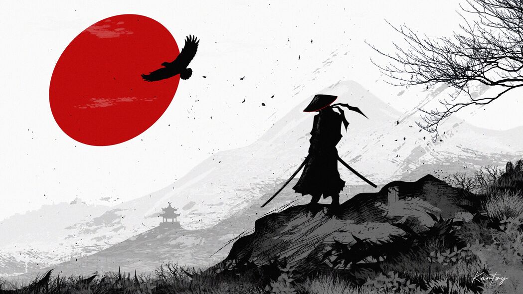 武士剪影战士艺术，高清黑白4K壁纸，3840x2160超清背景图下载