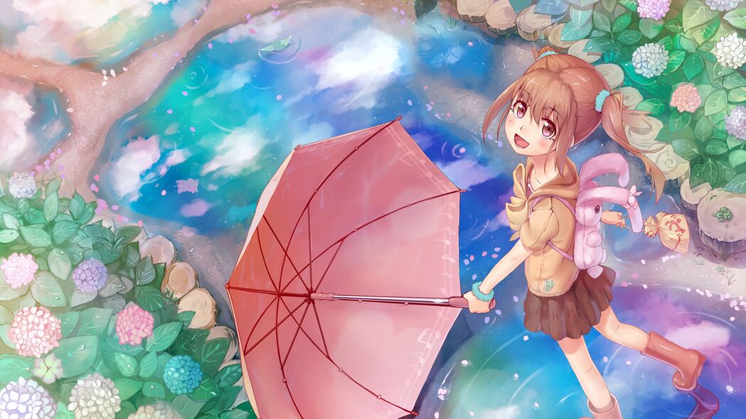 女孩微笑雨伞动漫，绝美4K艺术壁纸，3840x2160超清下载