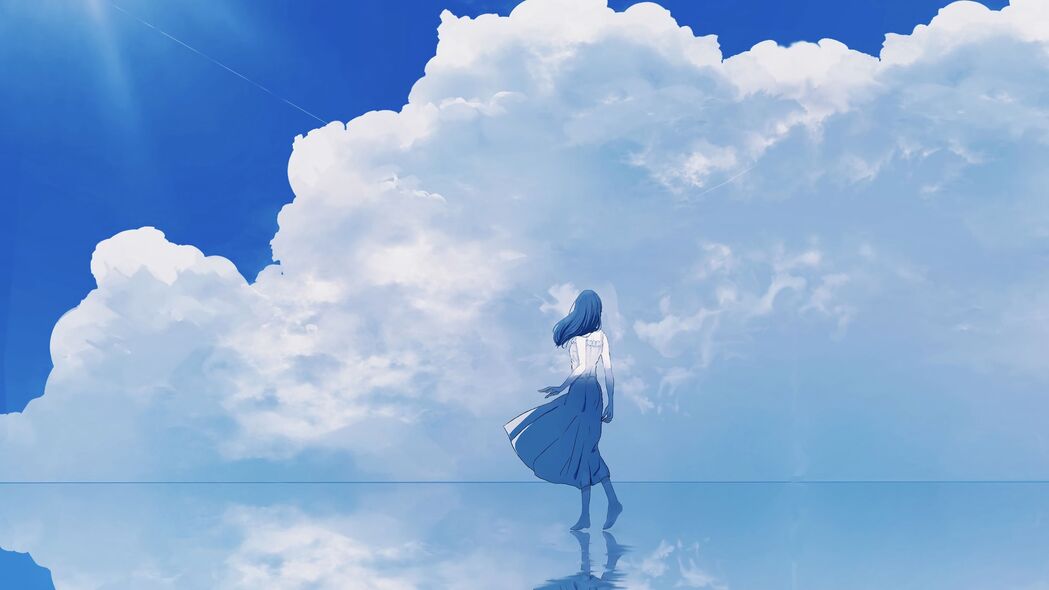 4K高清动漫壁纸，女孩水影云映，蓝色艺术背景，3840x2160精美下载