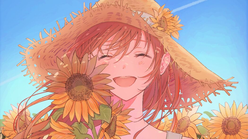 女孩微笑戴帽，向日葵动漫风情，4K超清壁纸3840x2160免费下载