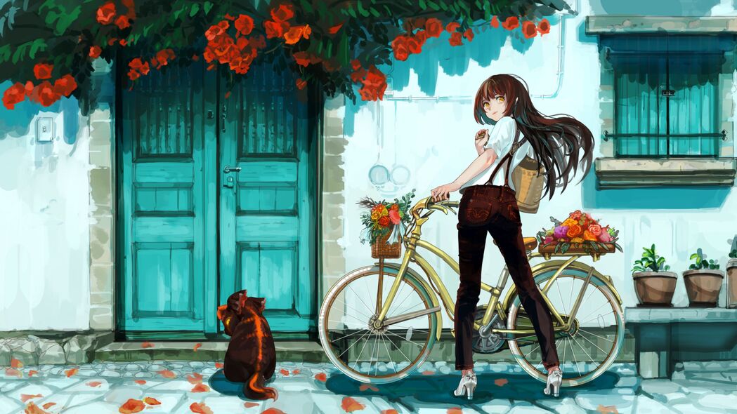 女孩骑自行车的动漫艺术，鲜花绽放的4K超高清壁纸（3840x2160）免费下载