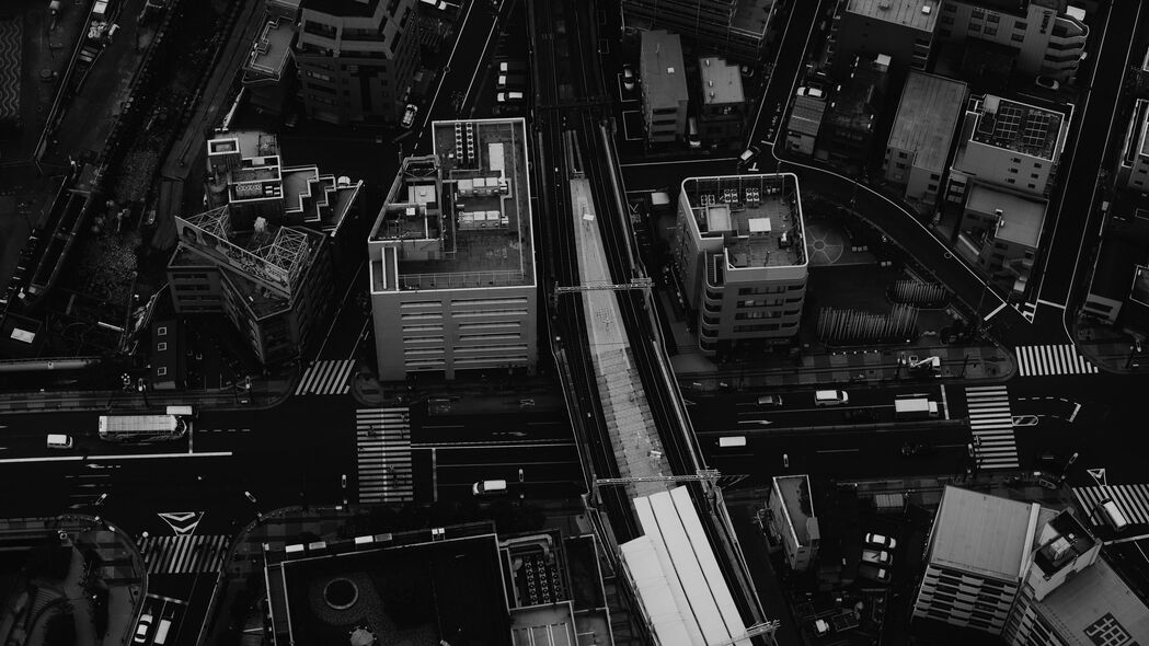 城市鸟瞰，黑白4K超清壁纸，建筑物与道路交织，3840x2160高清下载