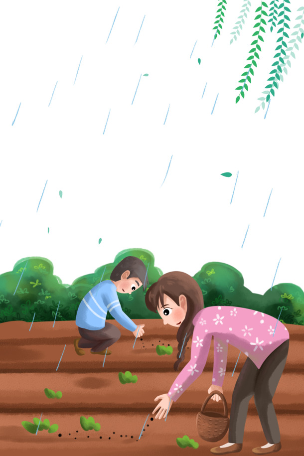 谷雨播种插画，手绘卡通风格高清PNG与PSD素材，免费下载