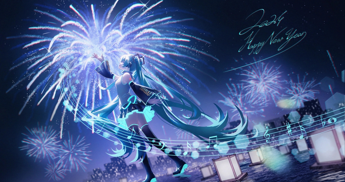 初音2024新年烟花盛宴，绝美4K动漫壁纸，高清4080x2160下载