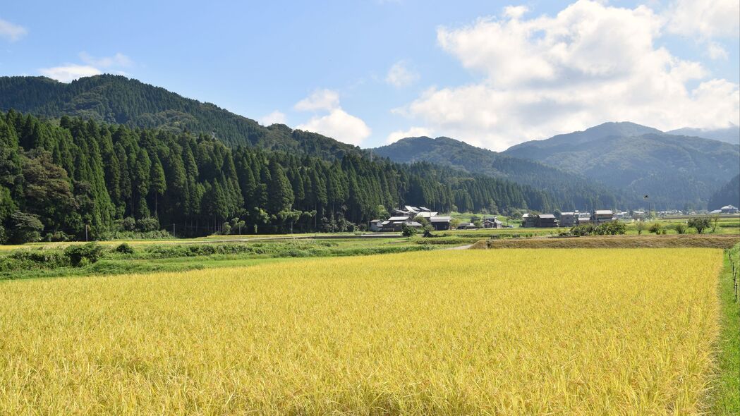 绝美山脉田野村庄风光，4K超高清壁纸，3840x2160分辨率，畅享自然之美，一键下载！