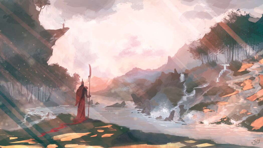4K高清壁纸，战士持戟风景艺术背景，3840x2160分辨率免费下载