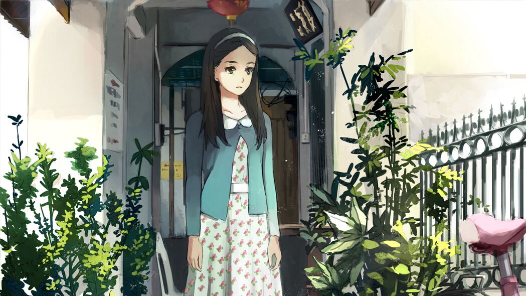 女孩与小狗的温馨时光，4K高清动漫艺术壁纸，3840x2160超清分辨率，精美植物点缀，免费下载