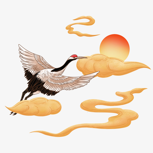 中国风仙鹤云纹PNG透明图片，古典装饰元素，高清设计素材下载