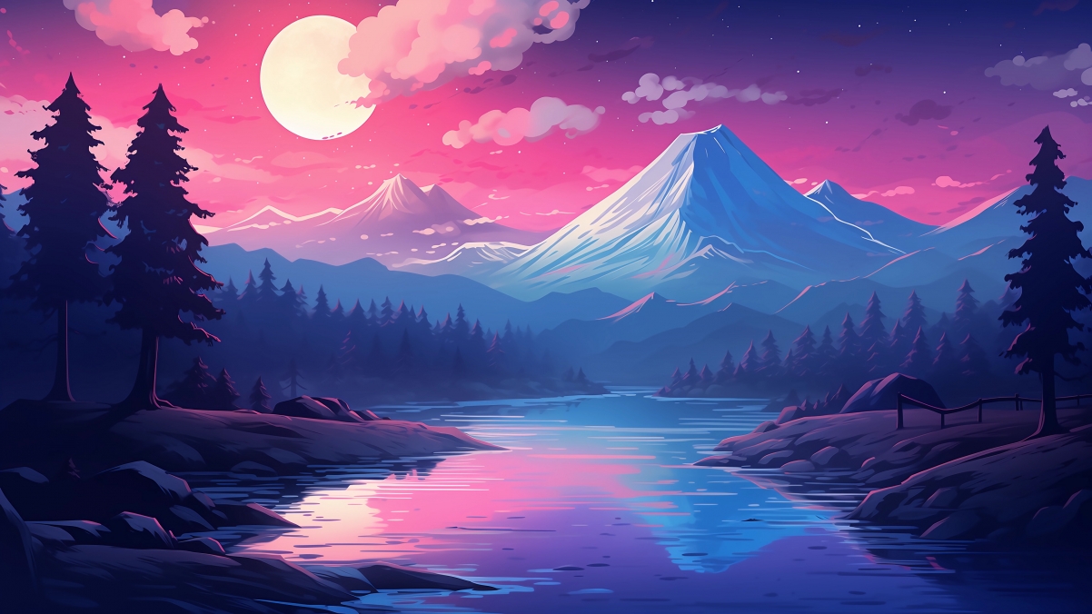森林月夜，山涧河流动漫美景，4K高清壁纸免费下载（3840x2160）