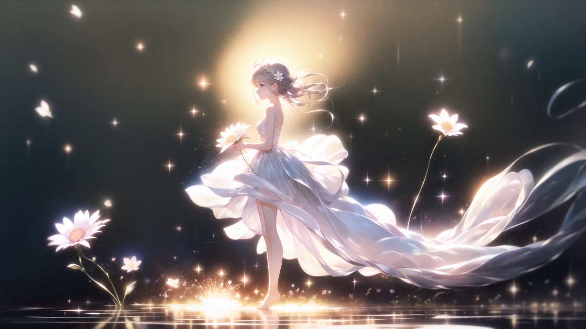 唯美少女梦幻壁纸，小女孩穿白色长裙，花间星光璀璨，4K高清动漫美图下载（3840x2160）
