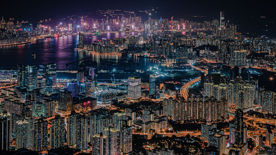夜城香港，4K高清鸟瞰图壁纸，展现大都市建筑与灯光之美