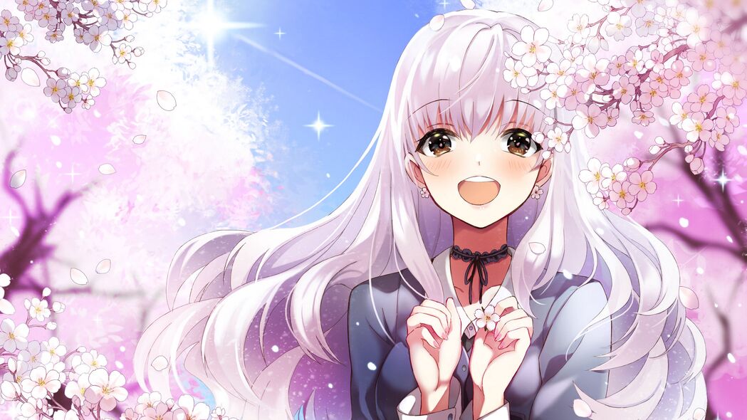 女孩微笑樱花绽放，快乐动漫世界，精选4K超高清壁纸（3840x2160）免费下载