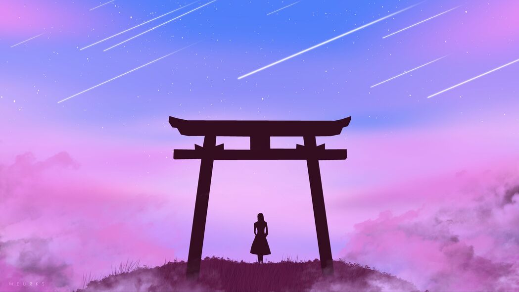 鸟取门剪影女孩，云间星光艺术之美，精选4K高清壁纸（3840x2160）免费下载