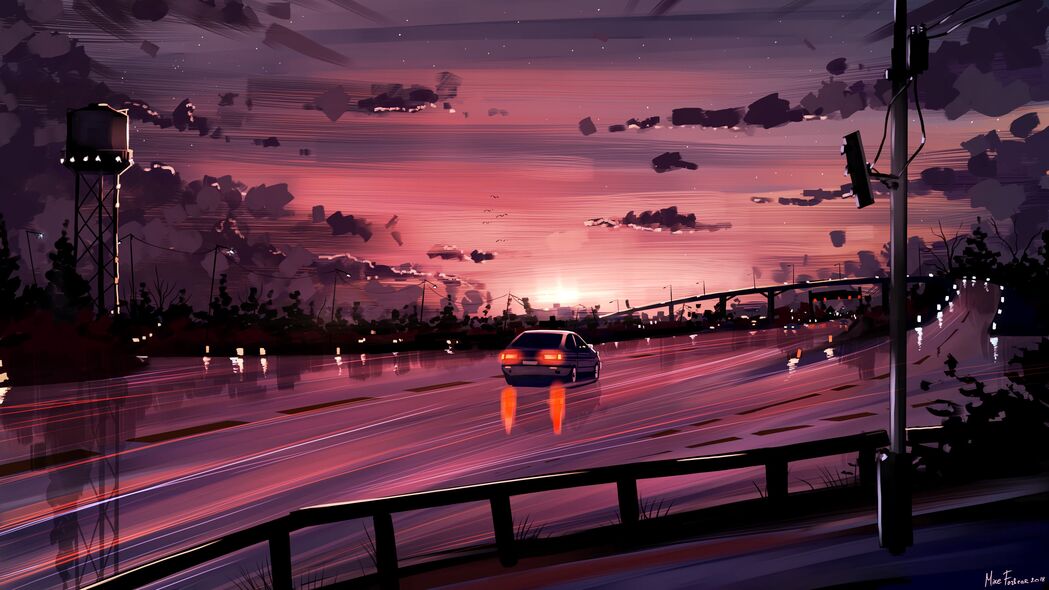 3840x2160高清壁纸，汽车驰骋在日落余晖的紫色艺术道路