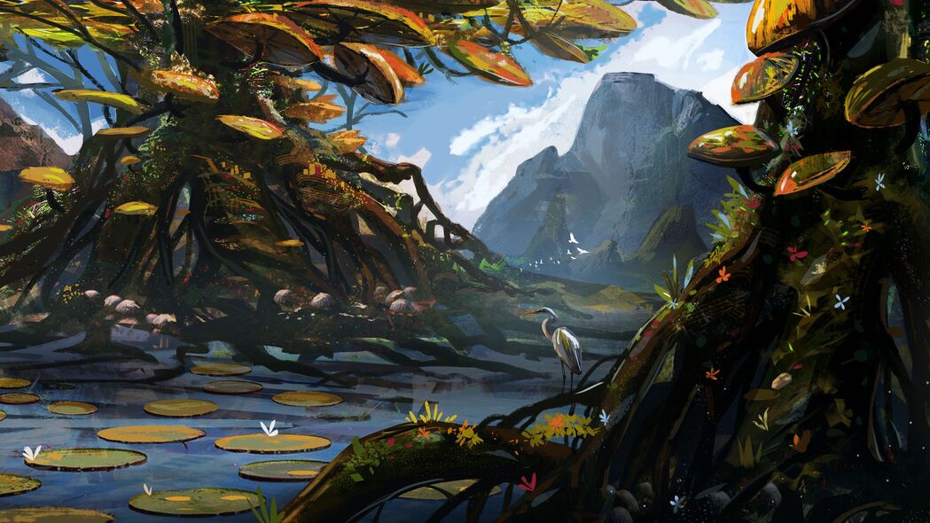 苍鹭栖树，山河入画——绝美艺术4K壁纸，3840x2160高清下载