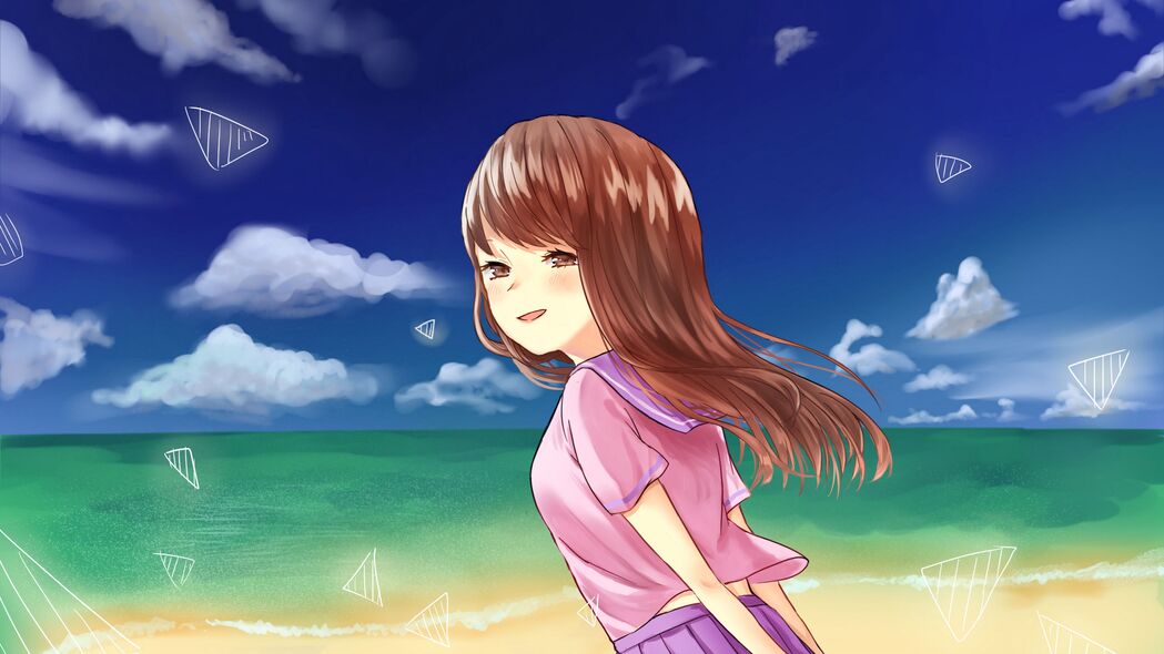 女孩与大海邂逅，绝美海滩动漫4K壁纸，3840x2160高清下载