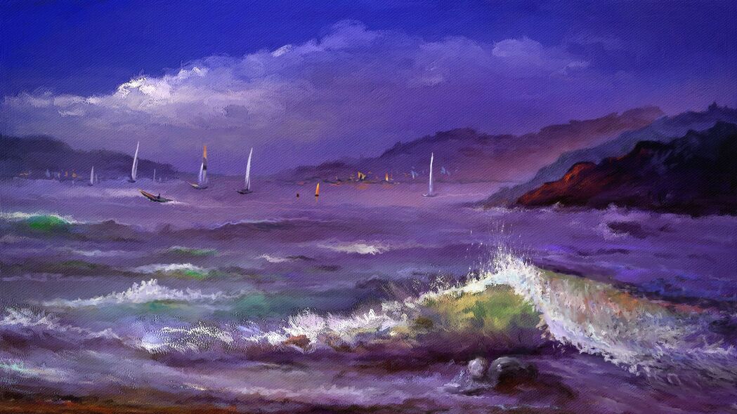 大海波涛与帆船艺术，4K高清壁纸，3840x2160超清画布下载