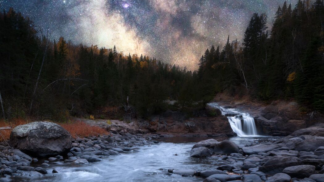 夜晚河流星空树木美景，自然4K超清壁纸，3840x2160高清下载