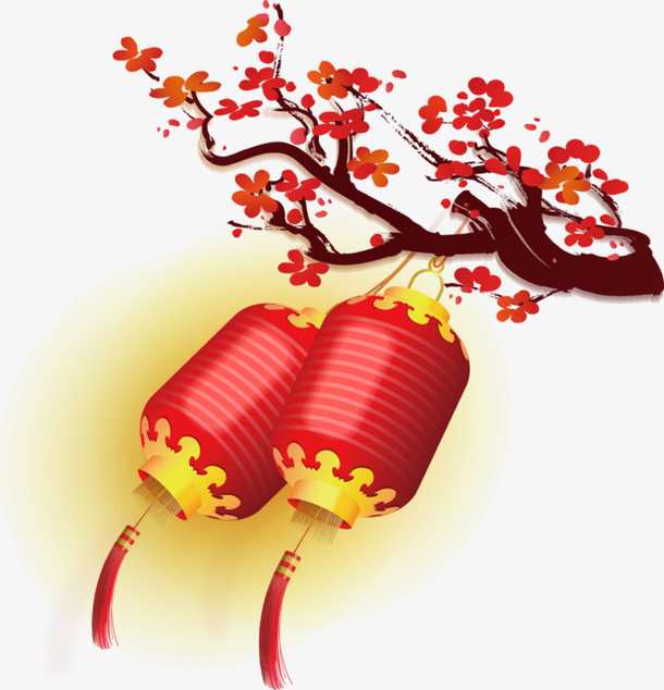 节日花枝灯笼PNG透明图，元旦春节元宵素材，高清下载